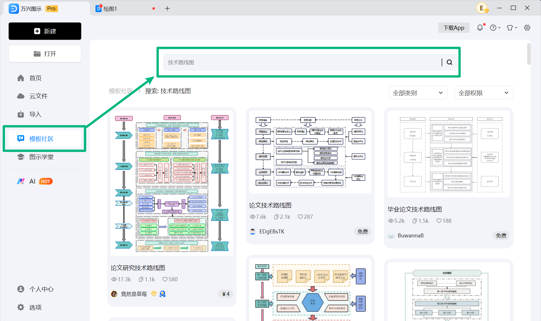 在万兴图示模板库中搜索技术路线图