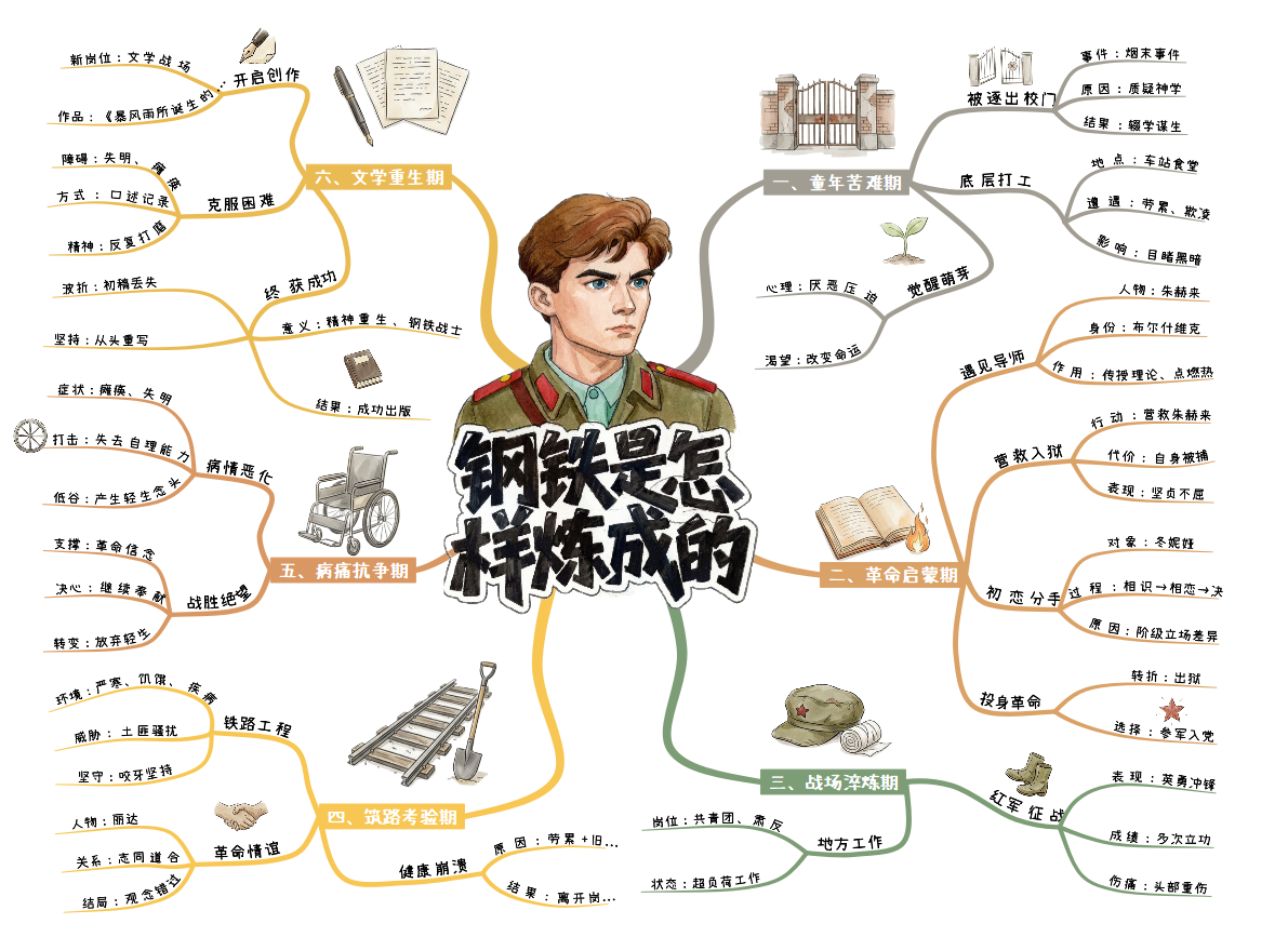 钢铁是怎样炼成的手绘思维脑图