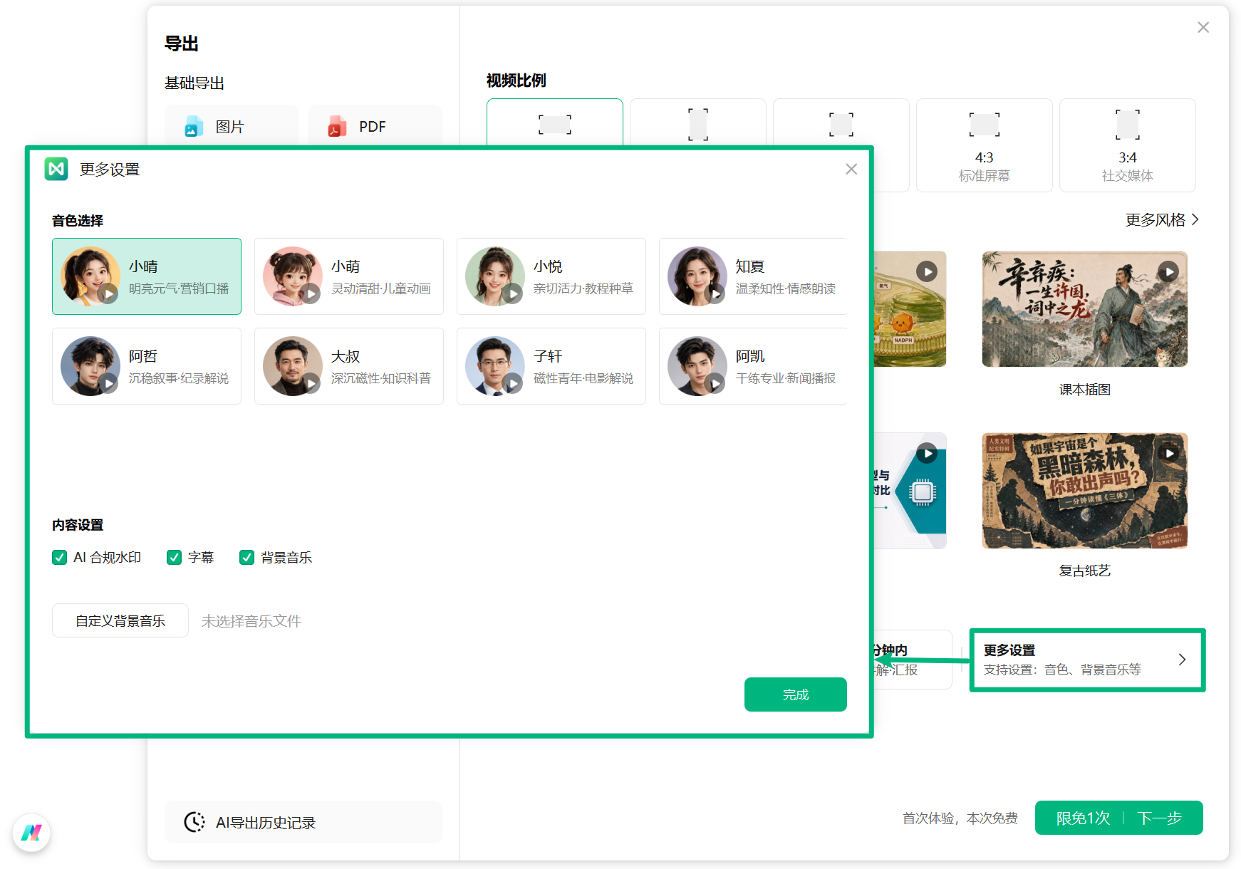 AI 视频更多设置