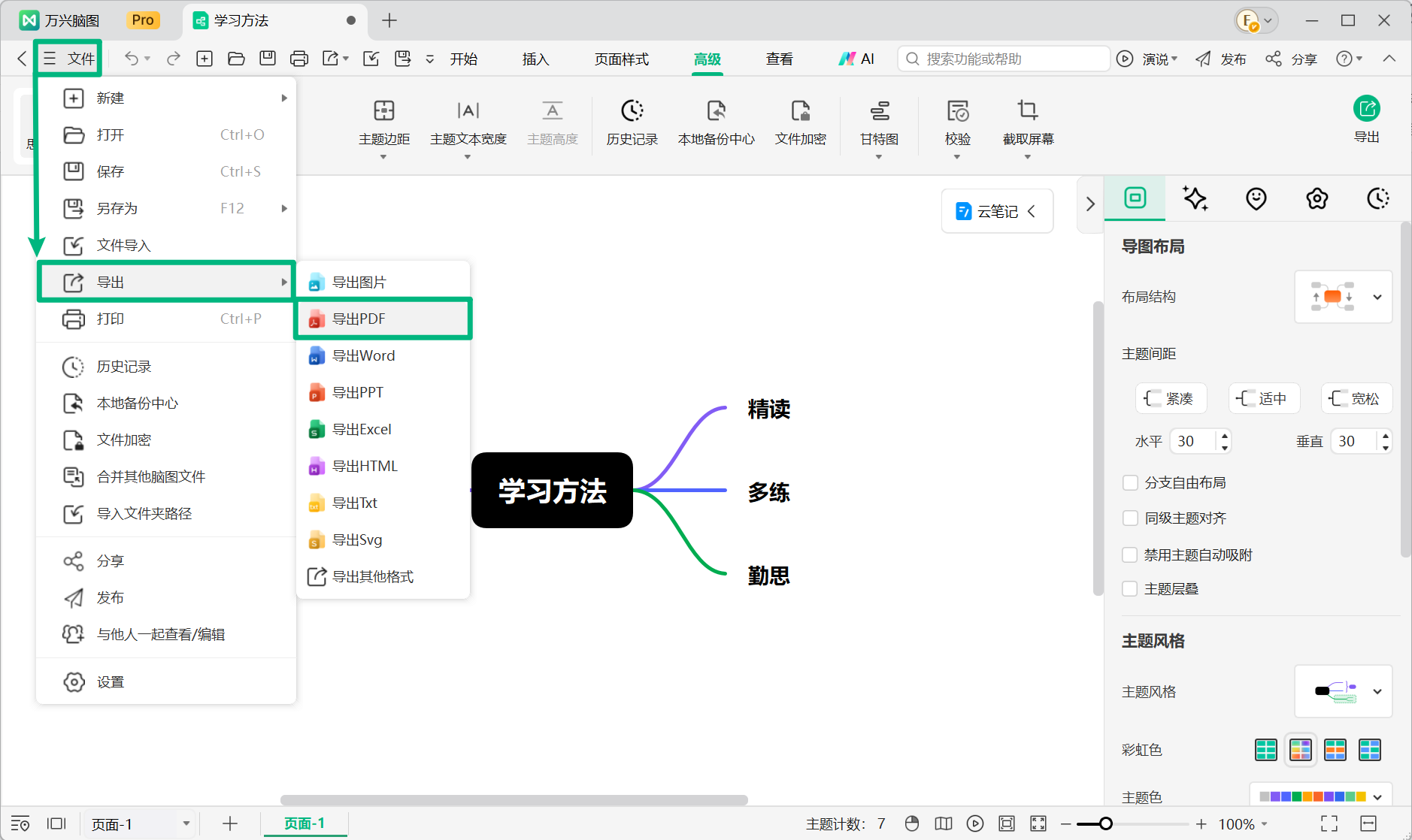 万兴脑图导出 PDF