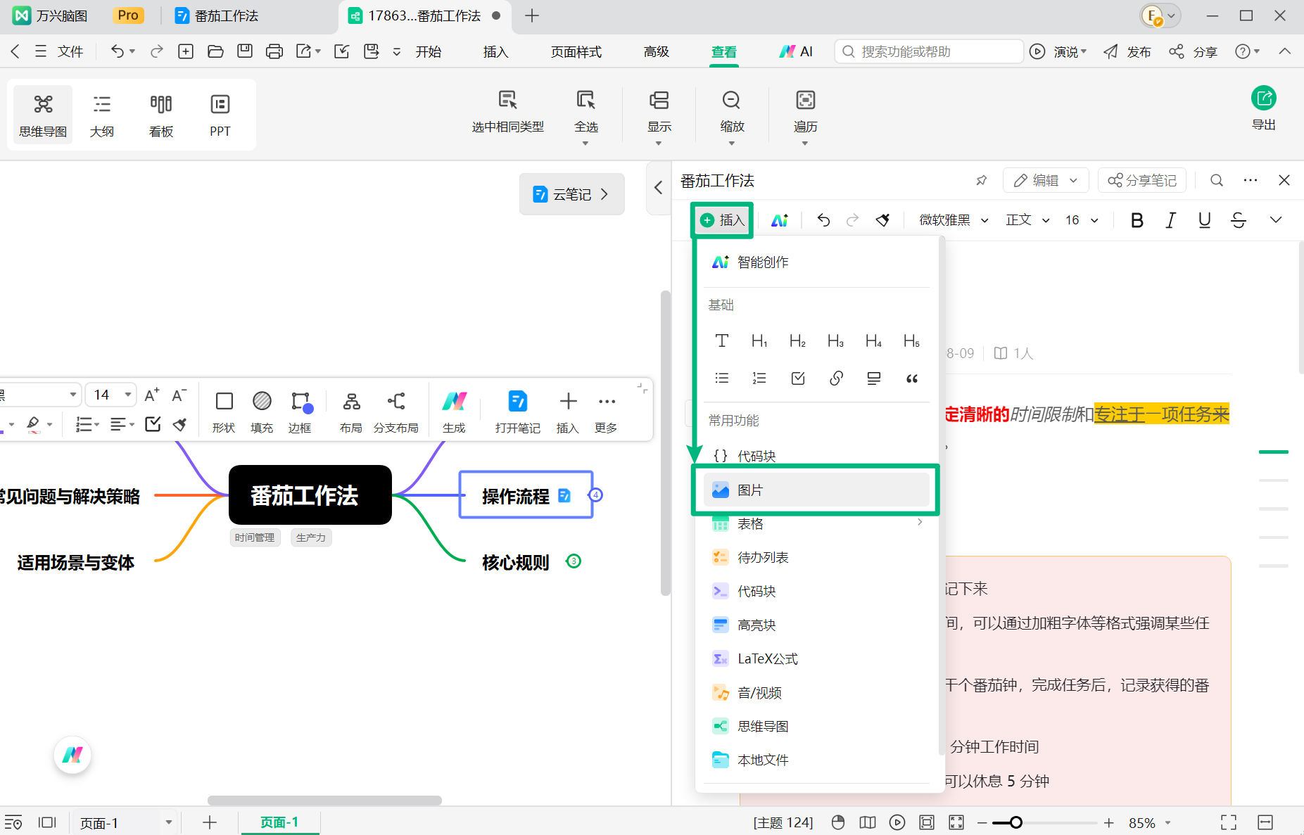 在万兴脑图云笔记中插入图片