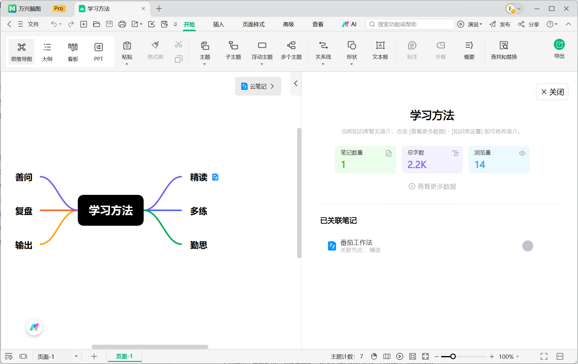 查看思维导图关联的云笔记