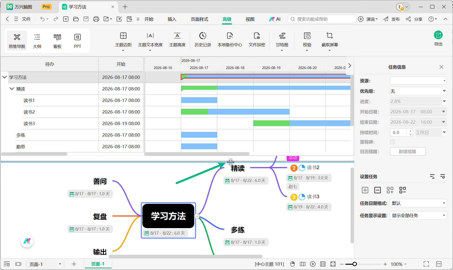 调整甘特图与思维导图显示区域