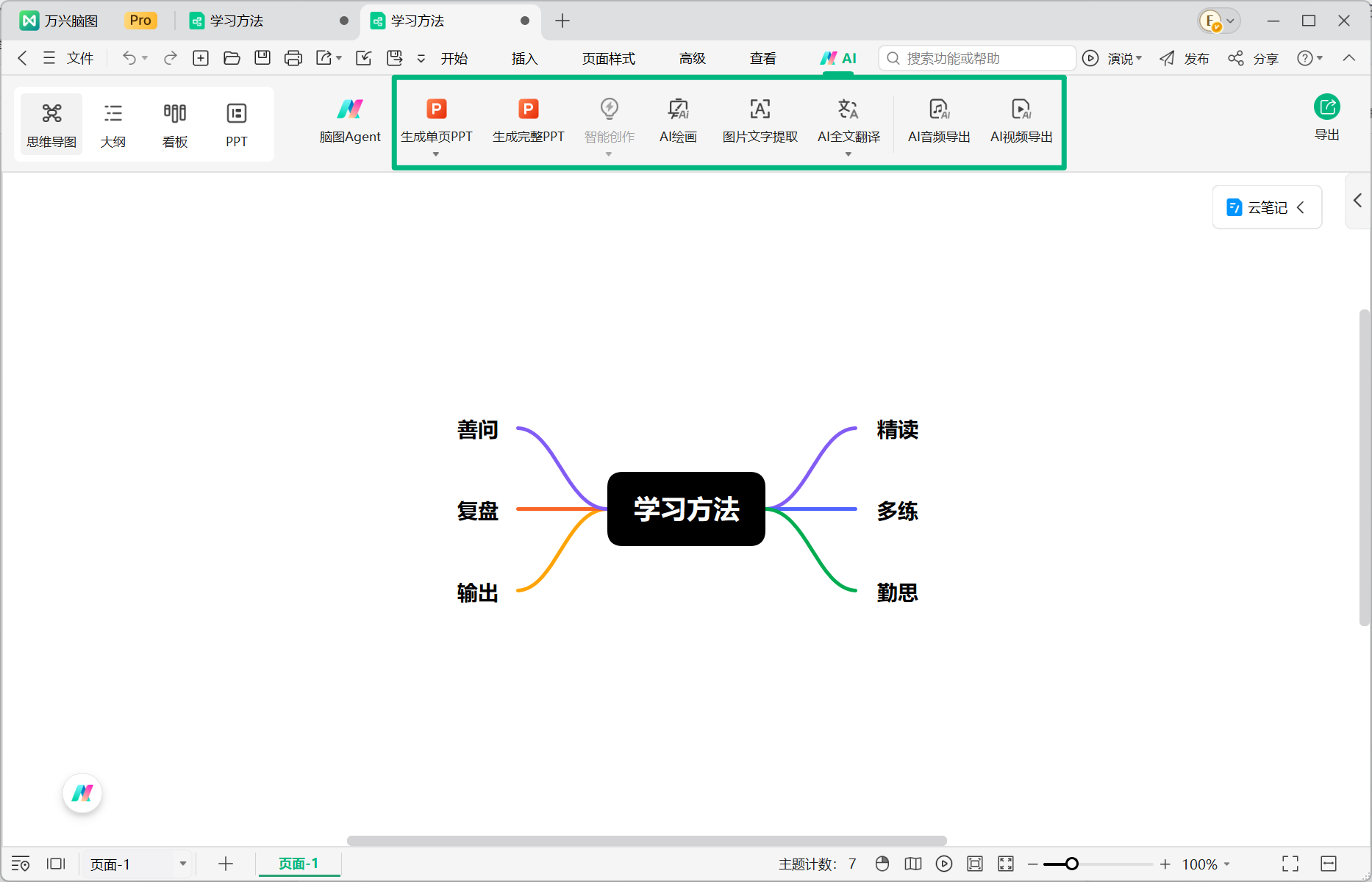 万兴脑图编辑页面 AI 工具