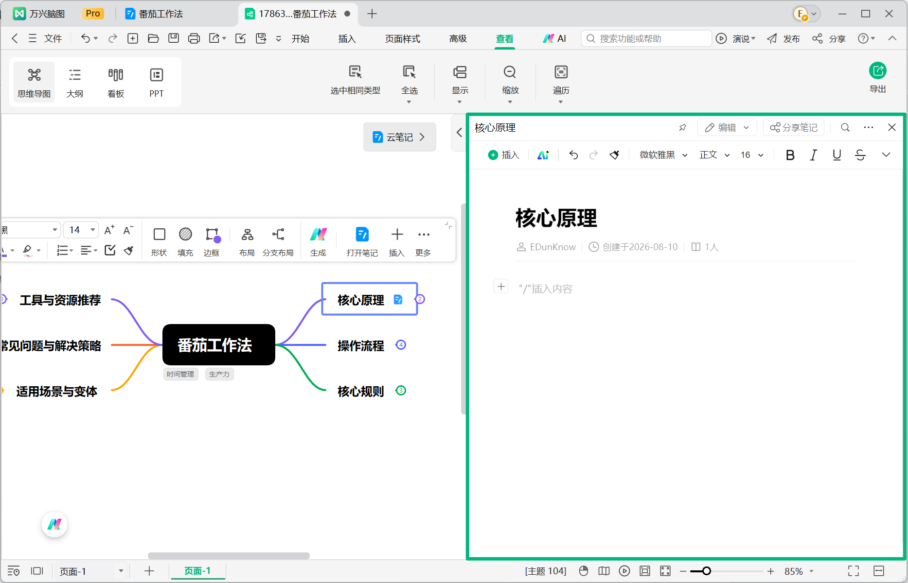 万兴脑图云笔记侧边栏编辑区域