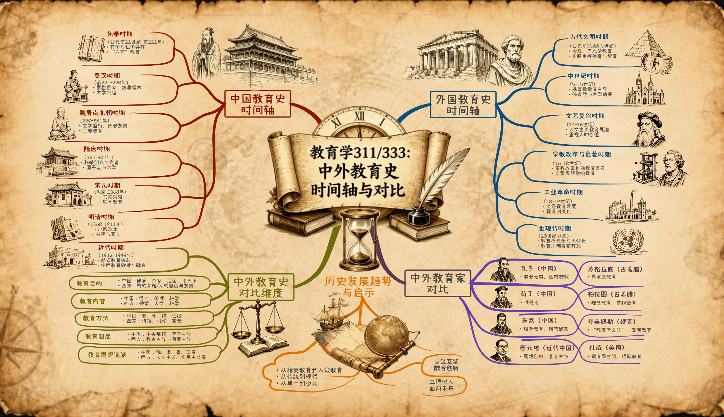 用时间线与人物对照梳理中外教育史：节点、口径与复习方法