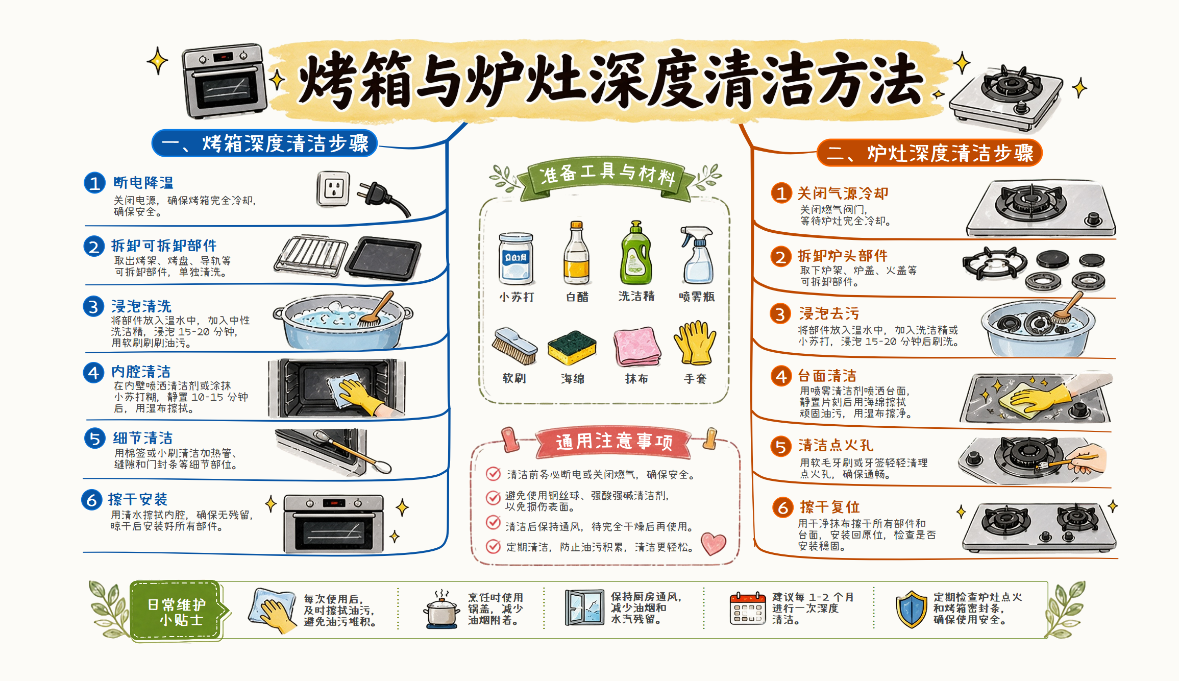烤箱与燃气灶深度清洁：分设备步骤、材料边界和安全检查