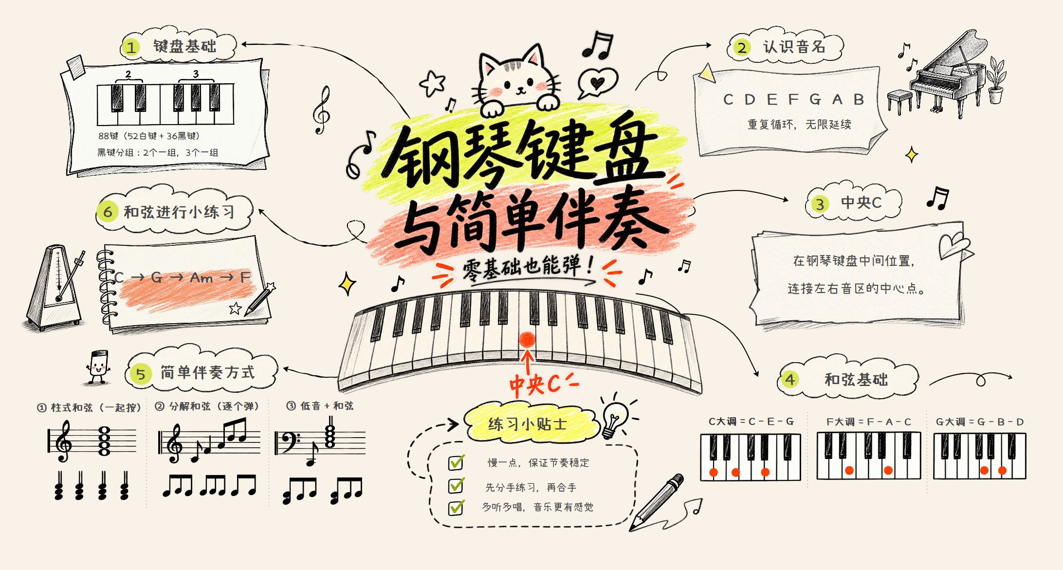 沿着黑键找中央C，再把三个基础和弦练成伴奏