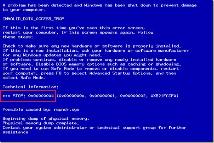 What is Blue Screen Error 0x00000004